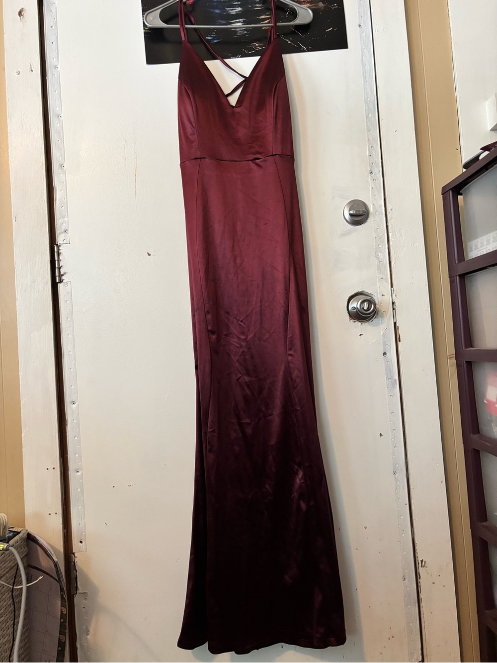 Women’s Burgundy Satin Maxi Dress 10-12 Strappy Open Back Formal Evening Gown